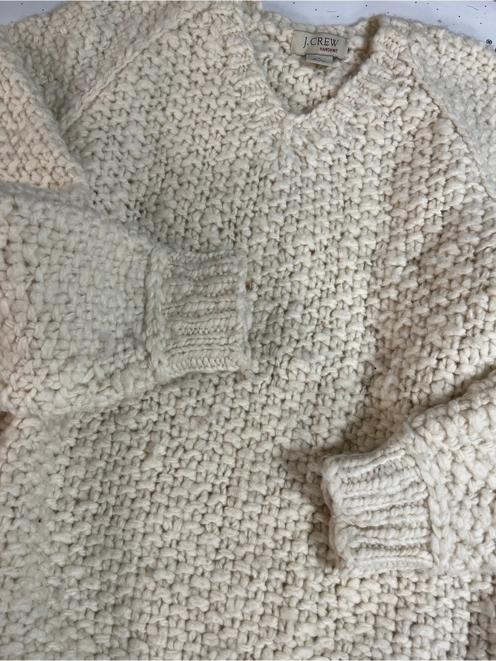 J. Crew Cream Chunky V-Neck 100% wool handKnit Sweater vintage old fisherman L - Picture 2 of 8